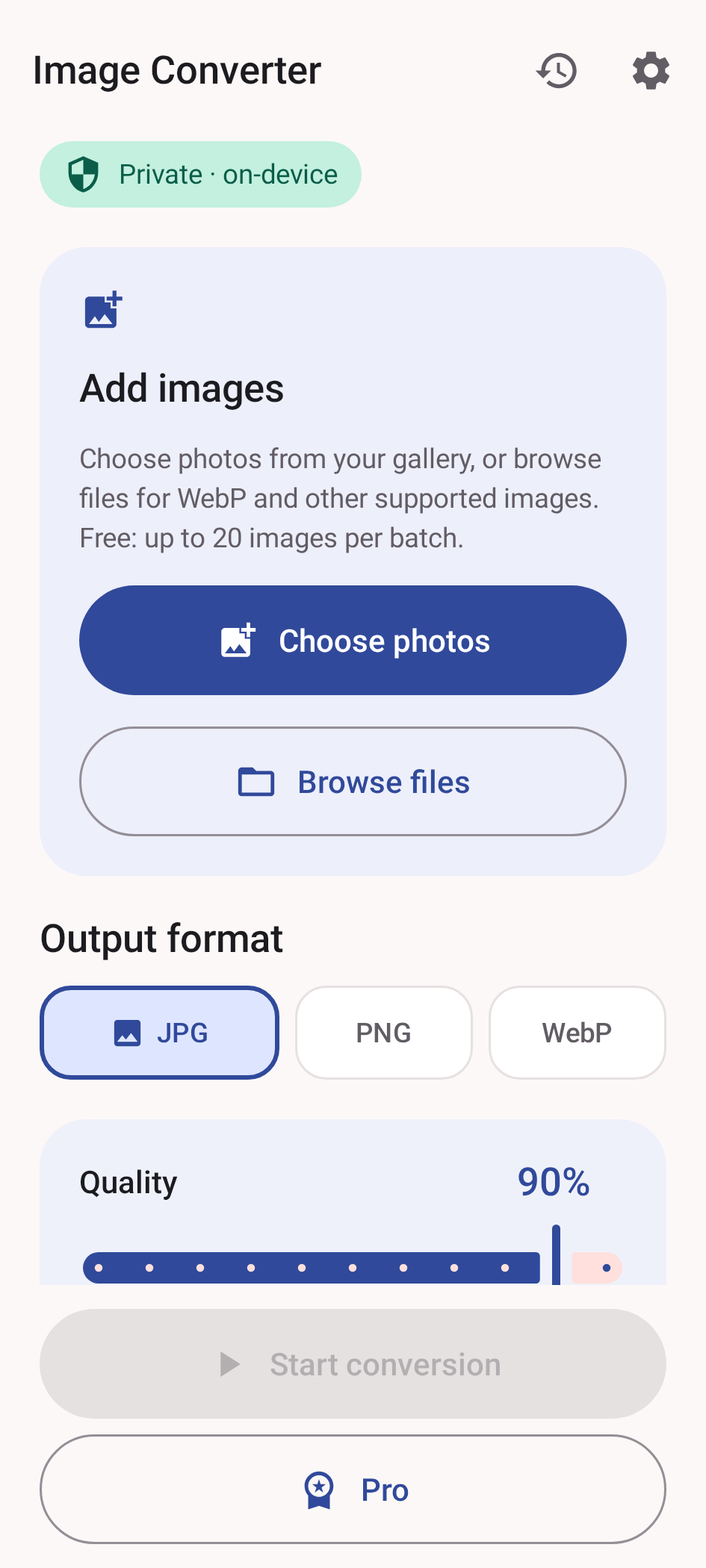 Image Converter Android screen with Choose photos and Browse files buttons