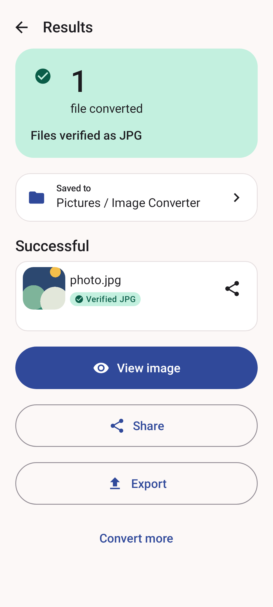 Image Converter Android Results screen showing a verified JPG, its saved folder, View image and Share buttons